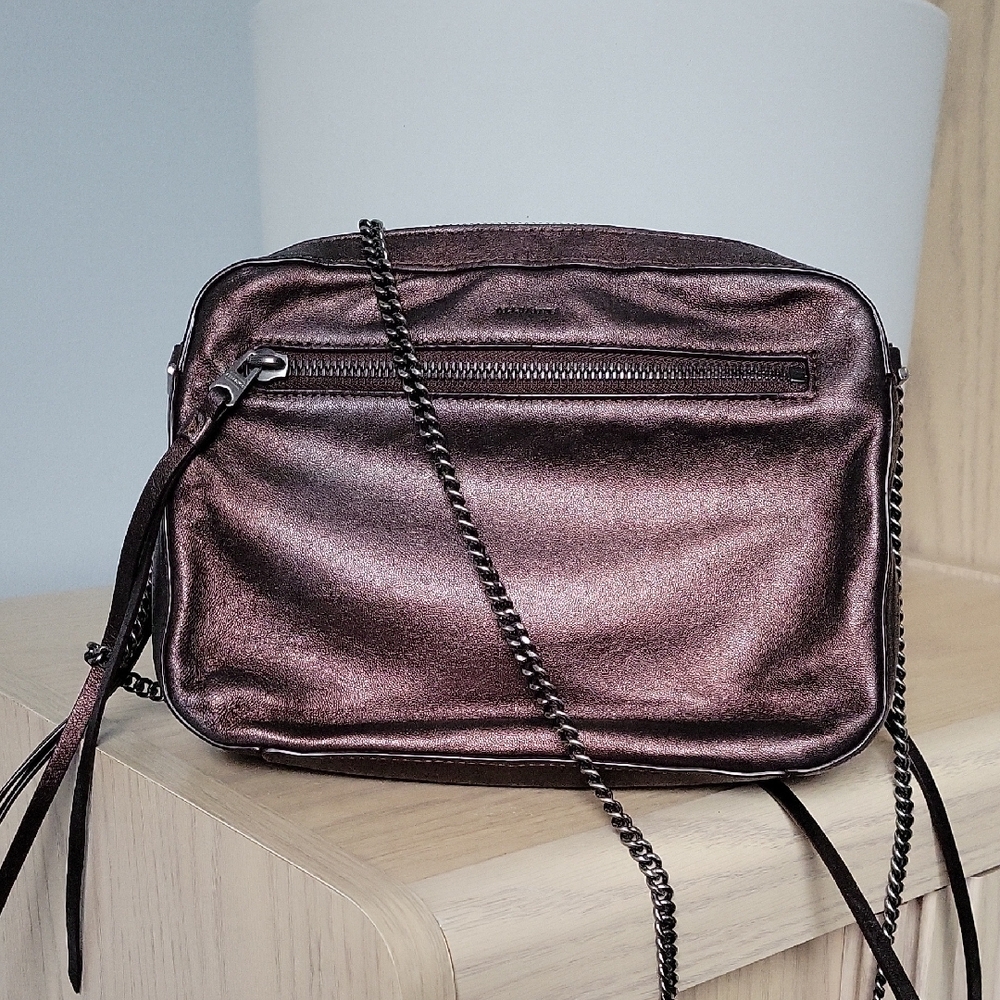 ALLSAINTS 100% Deep Bronze Leather Fleur De Lis Crossbody Bag with Chain Strap